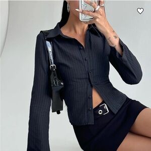 Princess Polly Anni Pinstripe Shirt | Black Button Down Shirt